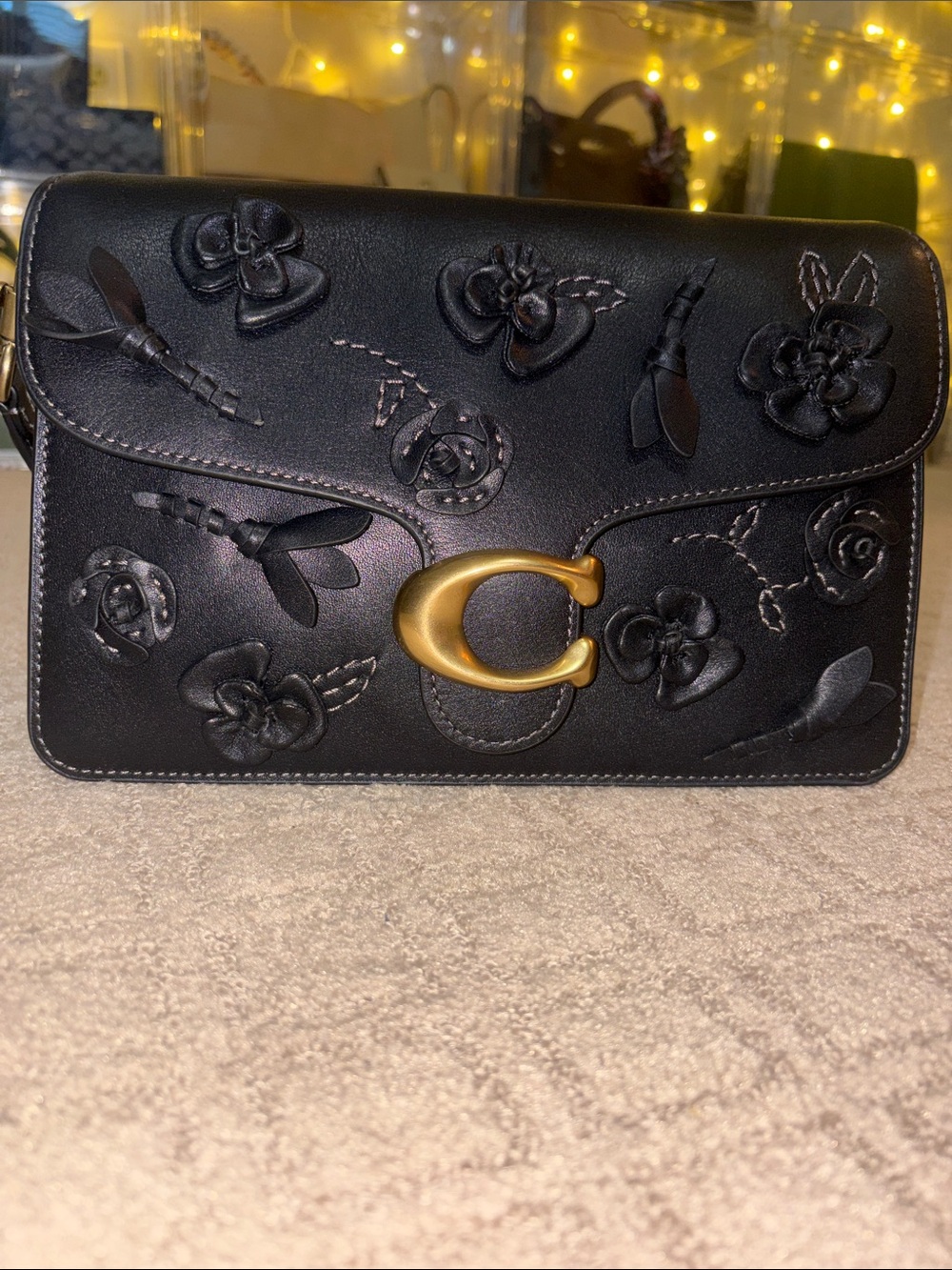 Coach Black Leather Floral Appliqué Crossbody with Gold 'C' Clasp